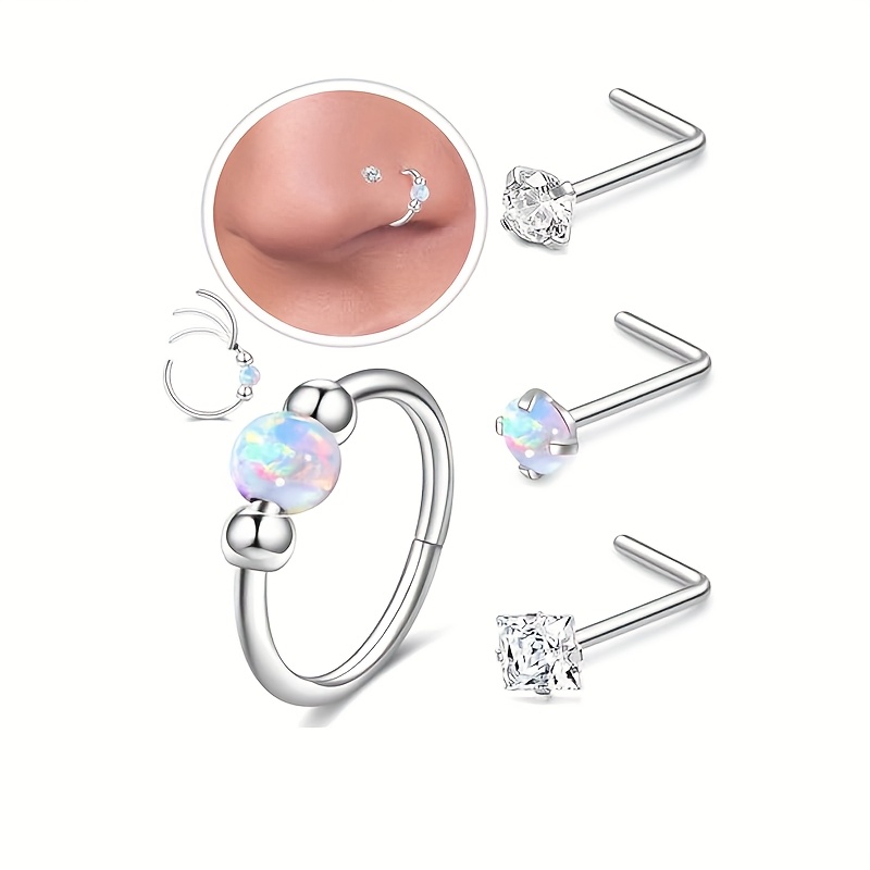 TEMU Allergy-resistant Nose Rings And Earrings In 20g And 18g Surgical Steel, L-shaped Nose Studs, Cubic Zirconia Nose Rings And Earrings For Men And Women.