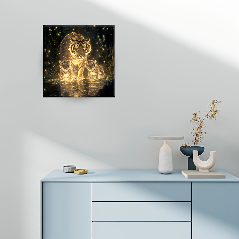 Image of A New Sparkling Diamond Painting Kit Featuring A Family Of Tigers, 5d Round Mosaic Craft, Suitable For Home Wall Decoration Art, Handmade Gifts For Halloween And Christmas, Unframed