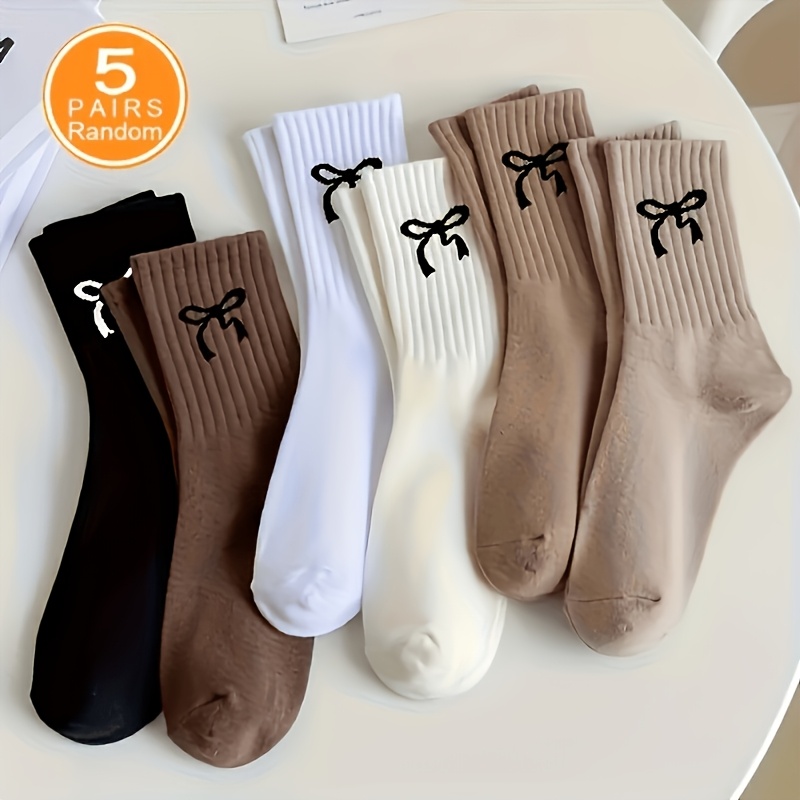 TEMU Random 5-pair Cute Women's Bow Print Cylinder Socks, Casual All-match Mid-calf Socks For Autumn/winter