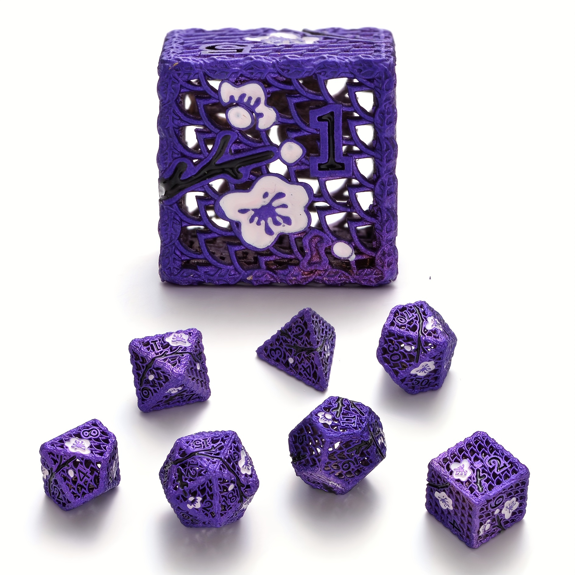D&D Metal Dice Kit, 7 Rose Metal Hollow Dice Kit