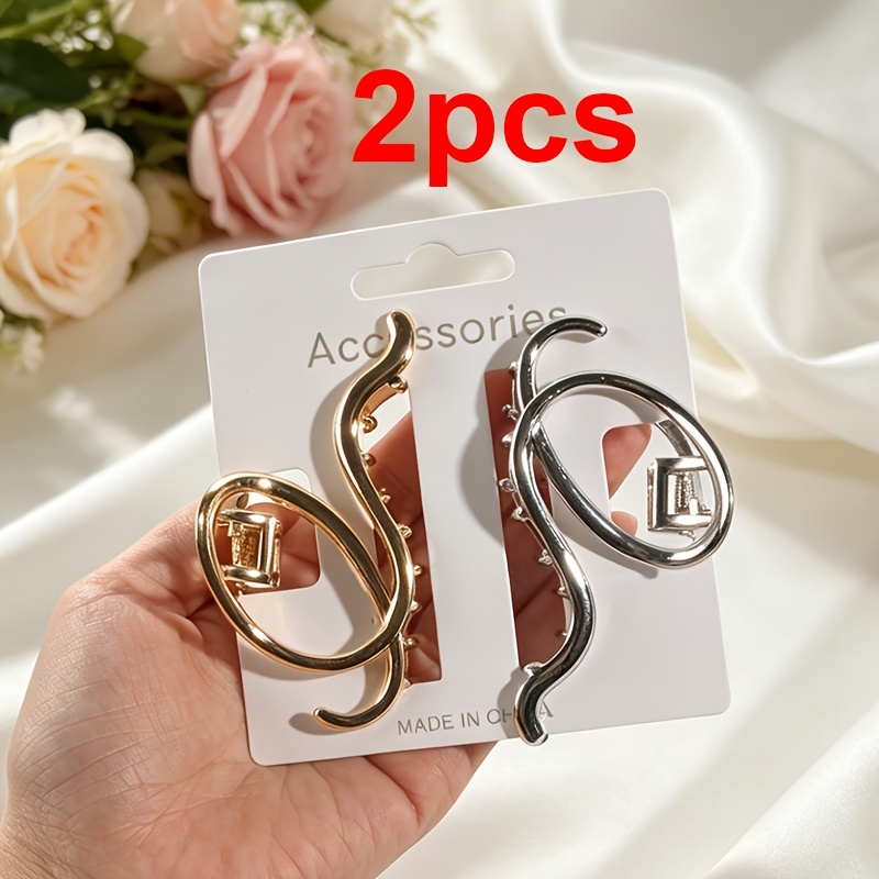 TEMU 2pcs Temperament Easy Metal Wavy Hair Claw Clip Female Back Of Head Styling Shark Clip Bath Hair Styling Hair Tie Half Tie Clip Going Out Party