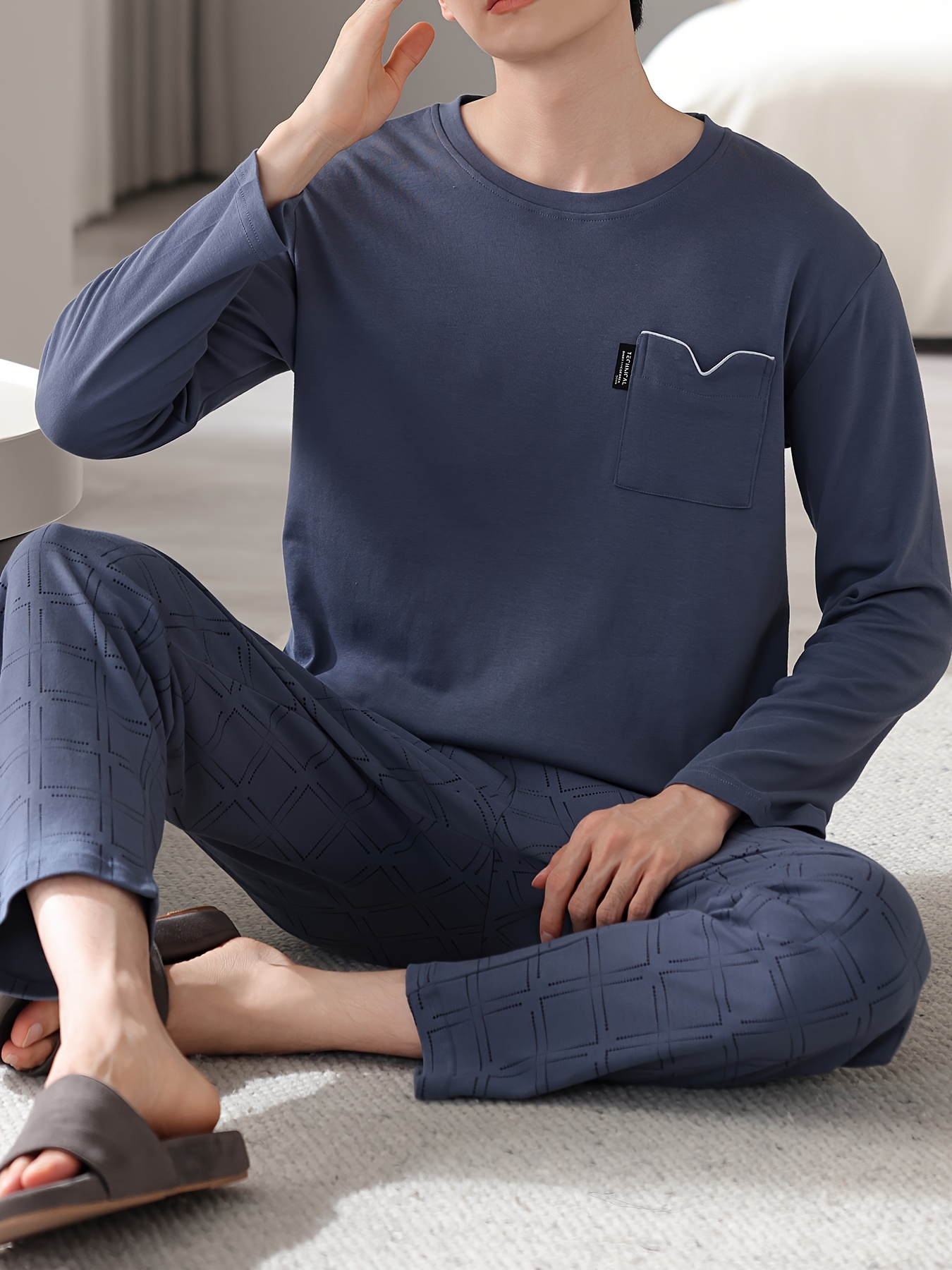 1set Men'S Casual Cotton Pajama Set, Long Sleeve Round Neck Sleepwear with Pockets, Loose Fit Knitted Pullover for Spring/Autumn - Comfortable Thin Cotton Outfit