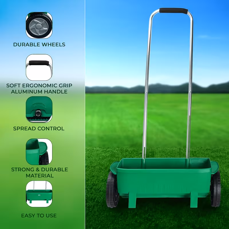lawn and garden spreader 12l impact resistant plastic housing adjustable distribution rate lawn spreader for grass seed lawn feed fertiliser spreader large wheels 111cm x 57cm x 19cm details 1