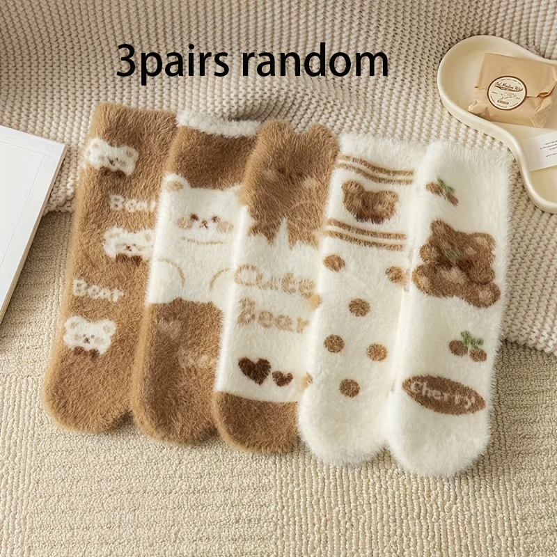 Image of 3-pair Random Assortment Of Autumn/winter Women's Cartoon Bear Mid-calf Socks, Cute Coffee-colored Plush Socks For