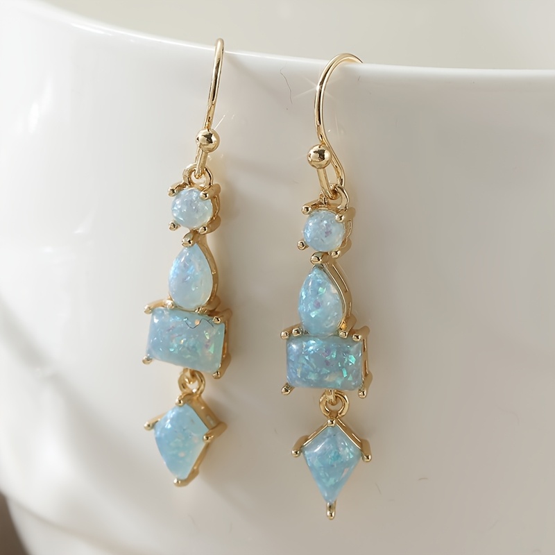 TEMU Synthetic Opal Dangle And Drop Earrings For Women, Golden Droplet Earrings, Synthetic Australian Treasure, Suitable For Daily Parties, Weddings, Jewelry Accessories, And Meaningful Gifts