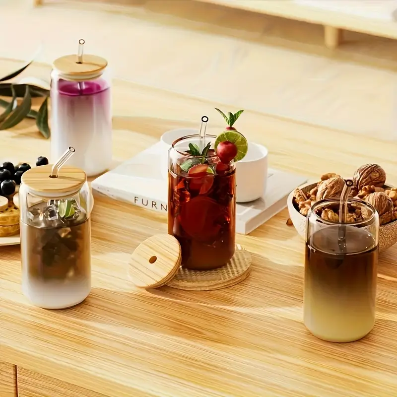6pcs 18 6oz bamboo lid glass mason jar cups with reusable straws cleaning brush leak proof iced coffee tea cocktail cups for home parties holidays christmas halloween thanksgiving gift for him her Product details 2