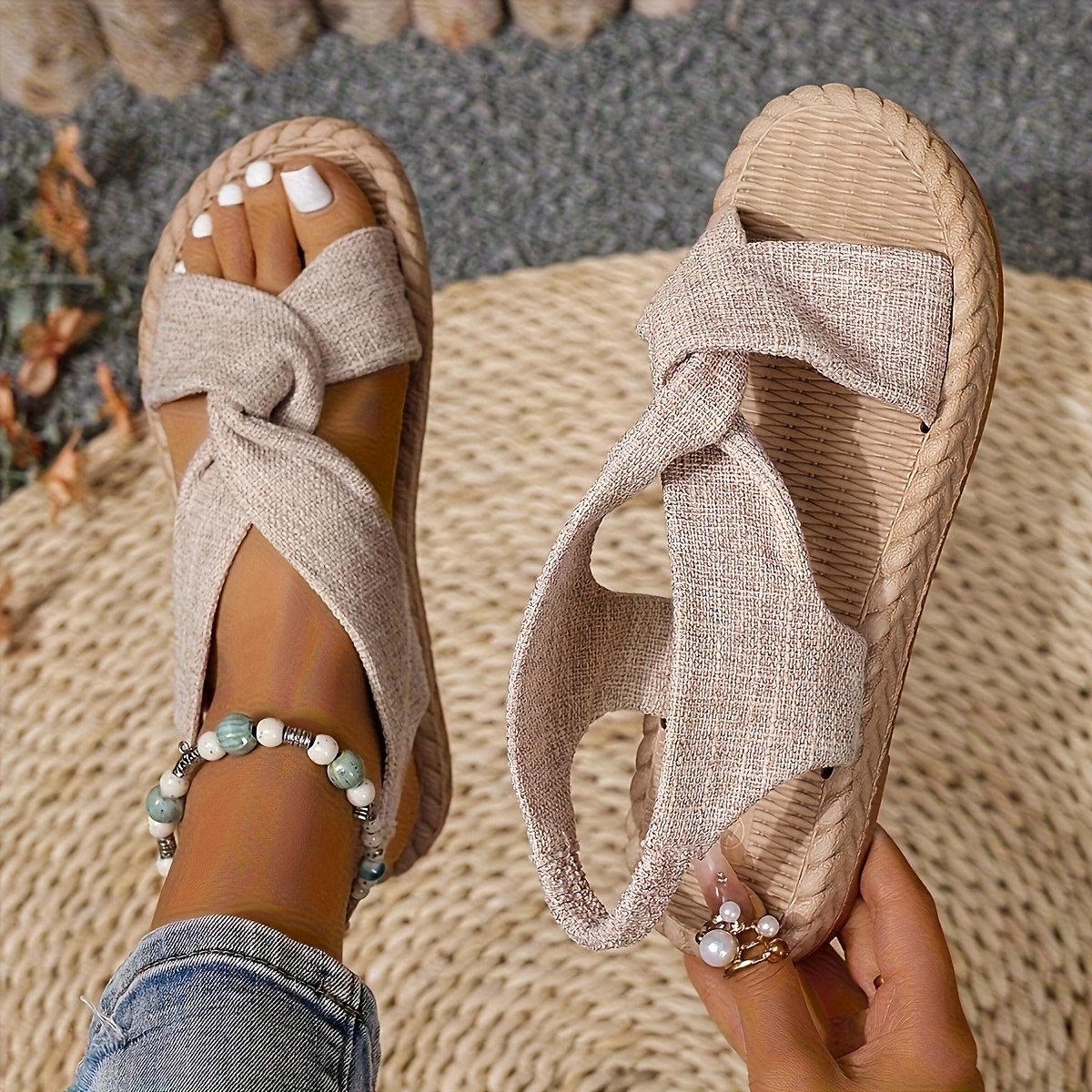 Image of New Fashionable Comfortable Sandals, Individual Trendy All-match Cross Elastic Band Women's Beach Casual Flat Shoes, Women Shoes Elegant Women Shoes Shoes
