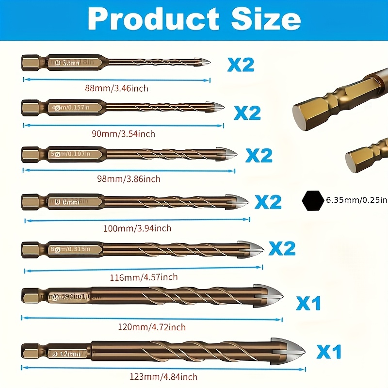 12pcs Diamond Tile Drill Bits (3-12mm) - Hex Shank For Glass/metal/brick/plastic/wood - Precision Ceramic & Porcelain Drilling