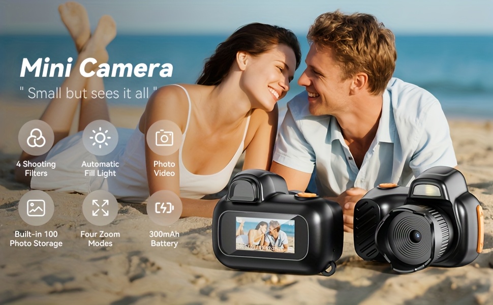 1080P HD Mini Digital Camera with 64GB SD Card - Portable Pocket Camera, 4 Filters & Auto Fill Flash for Low Light, Built-in 100 Photo Storage, 4 Zoom Modes, 300mAh Battery, Includes Metal Carabiner & Lanyard for Travel Daily Use