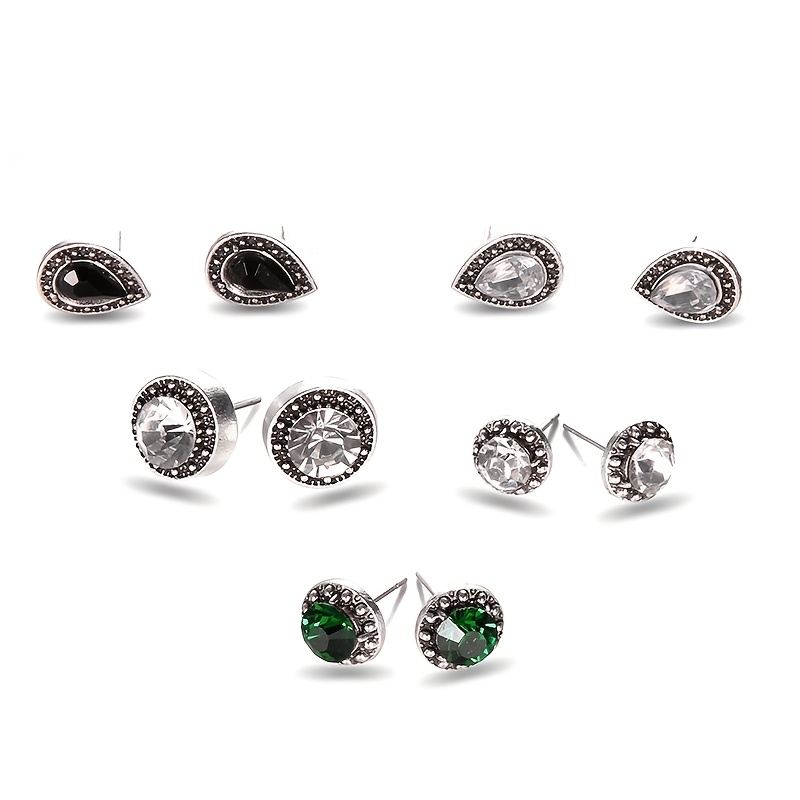 TEMU 5-pair Vintage Bohemian Teardrop Trendy Ultra-sparkly Stud Earrings, Fashionable Simulated Gemstone Elegant Stud Earrings, Women's Earring Set,