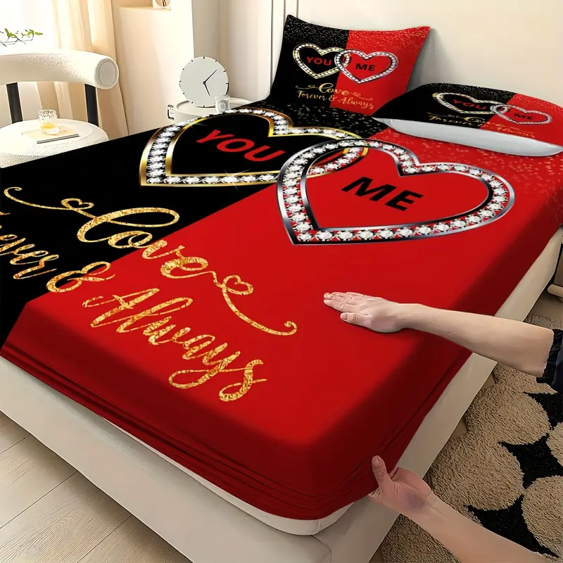 3pcs creative high definition couple heart diamond theme pattern printed bed hat set super soft comfortable and breathable bed hat bedding mattress protective cover 2 pillowcases polyester material the polyester material fabric Product details 3
