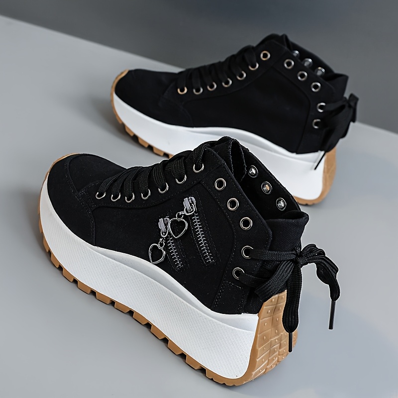 LYKU Women's Height-Increasing Sneakers with Thick Platform Sole - Breathable Low-Top Lace-Up Sneakers Suitable for Sports, Casual Wear & Everyday Use, Cushioned PVC Sole & Round Toe, - White Sneakers, Women Shoes