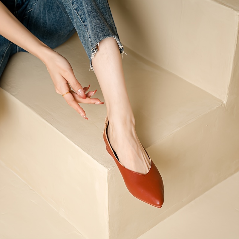 womens french style pointed flat shoes chunky low heel red - Temu Bahrain