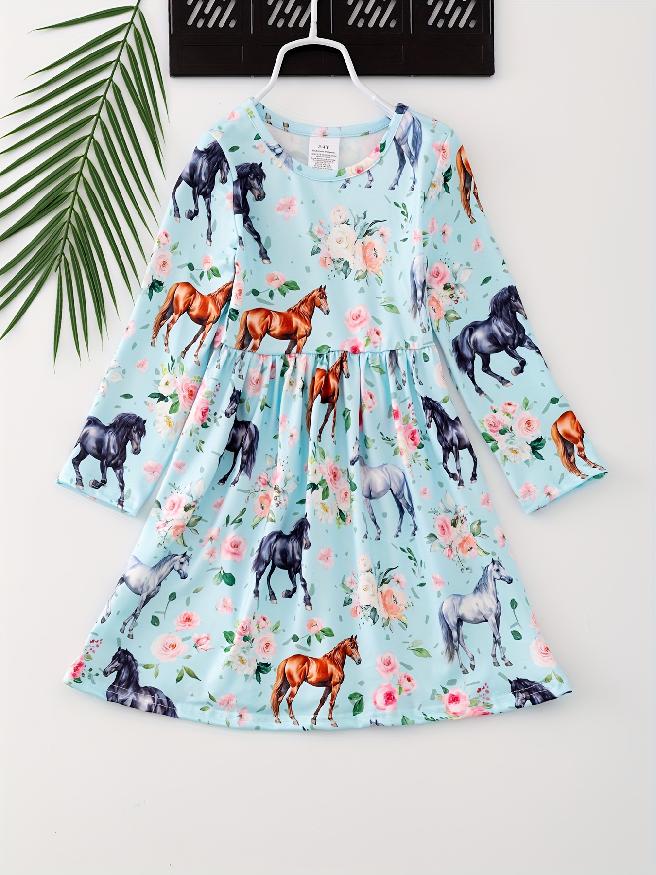 cute flowers horses pattern long sleeve dress girls spring Temu