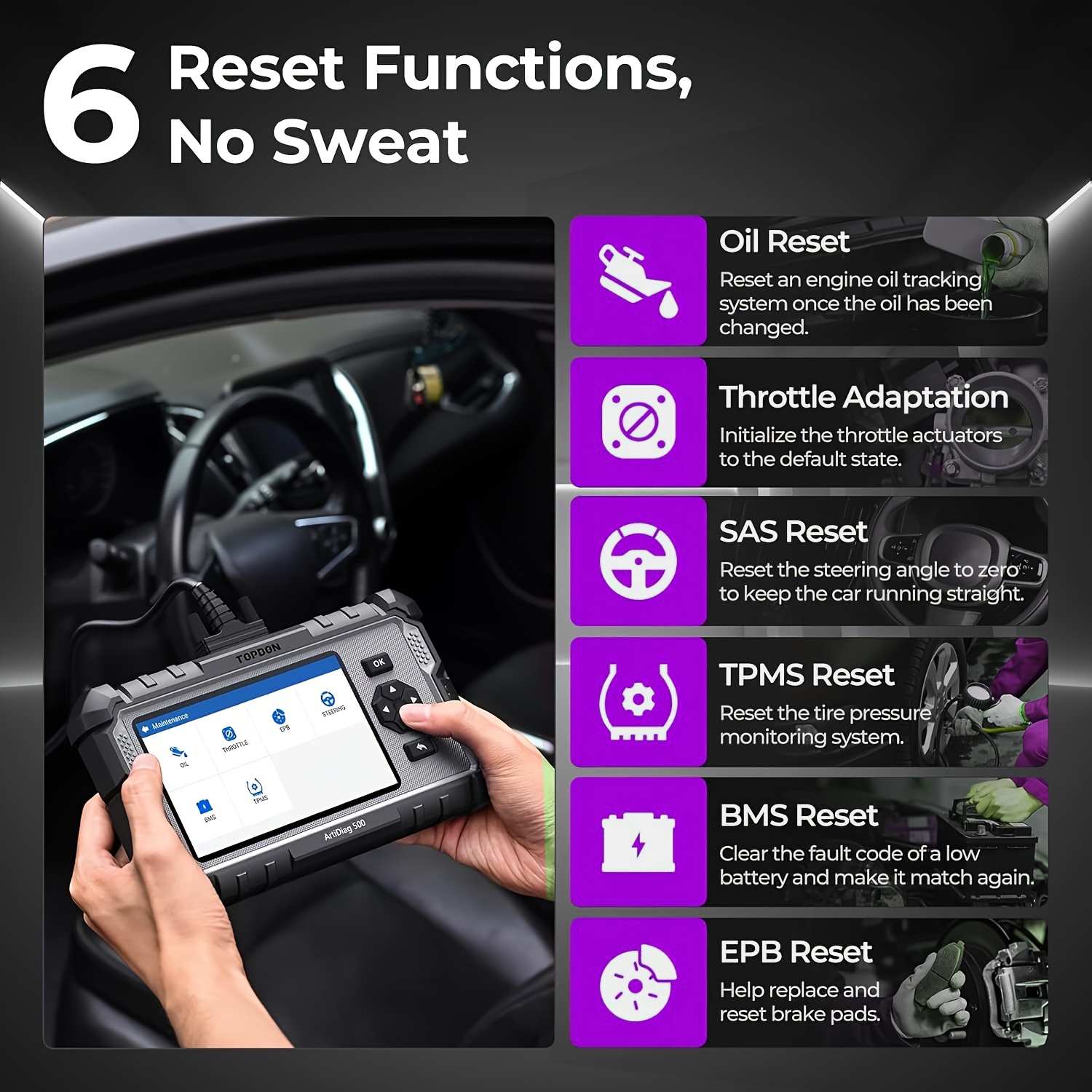 TOPDON AD500 OBD2 Scanner for Engine, ABS, SRS, And Transmission Diagnostics, Along with Oil/Throttle/Sas/Tpms/Bms/Epb Reset Capabilities, Car Scanner with Free Upgrades
