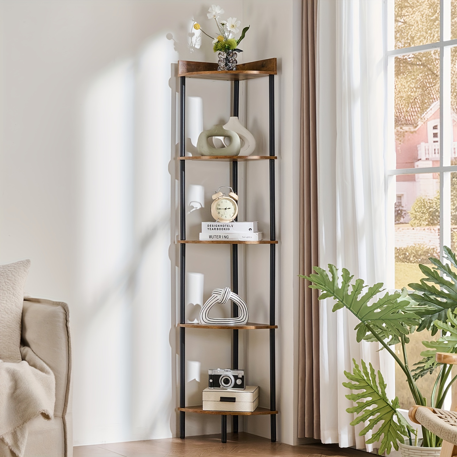   industrial   shelf compact 64 5 inch multifunctional storage shelf with 5 tier durable metal frame space saving narrow design or living room bedroom kitchen rustic brown small space storage multifunctional shelving retro decor narrow shelving unit   material sturdy construction freestanding shelf wallmounted shelf kitchen organizers apartment living corner shelves