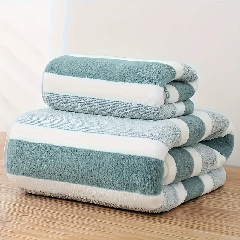 

2 Pcs Quick-drying Striped Towel Set For Soft And Absorbent Bathroom Experience - Includes 1 Bath Towel And 1 Hand Towel