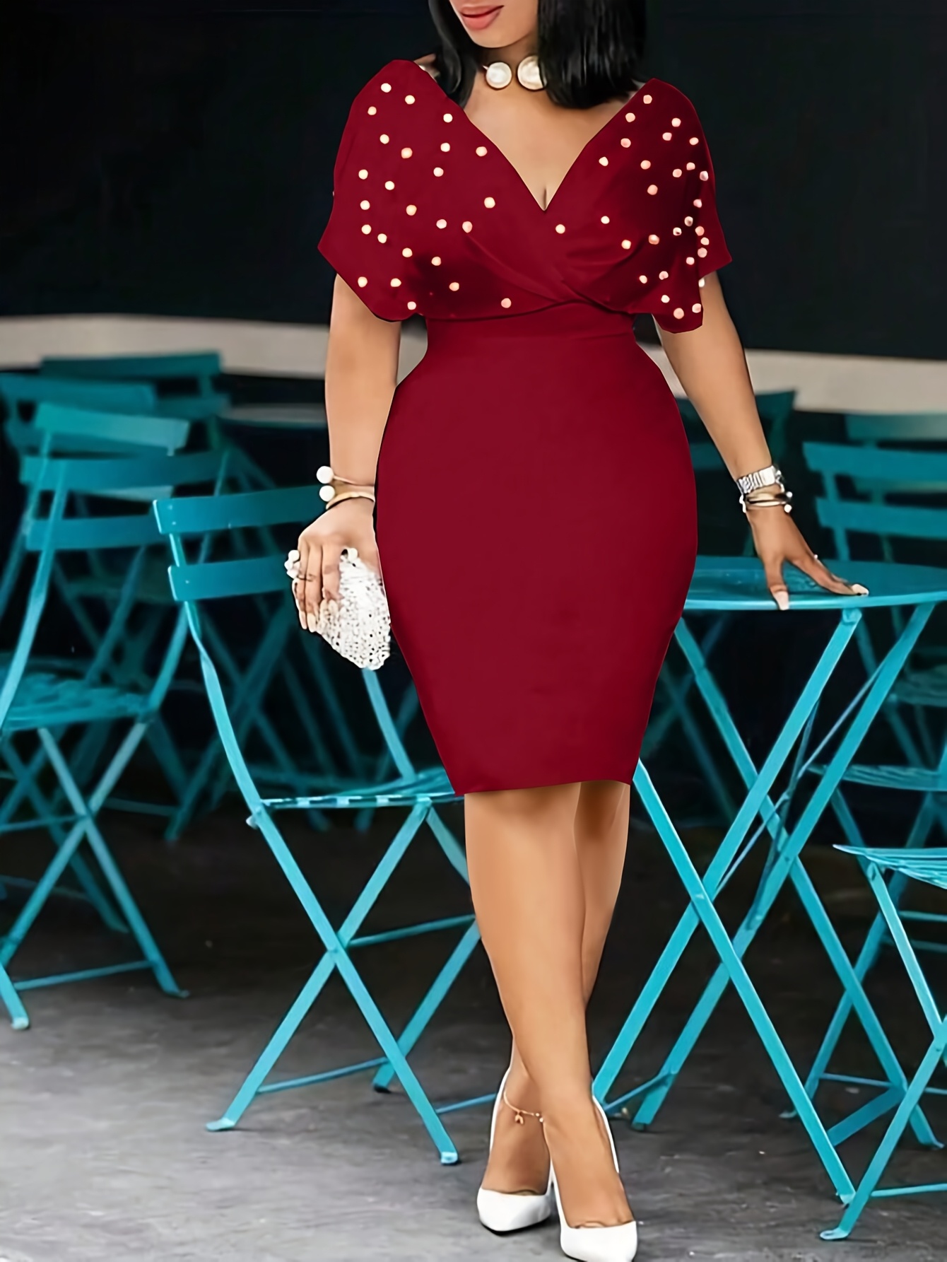 womens burgundy cross v neck batwing dress short Temu United