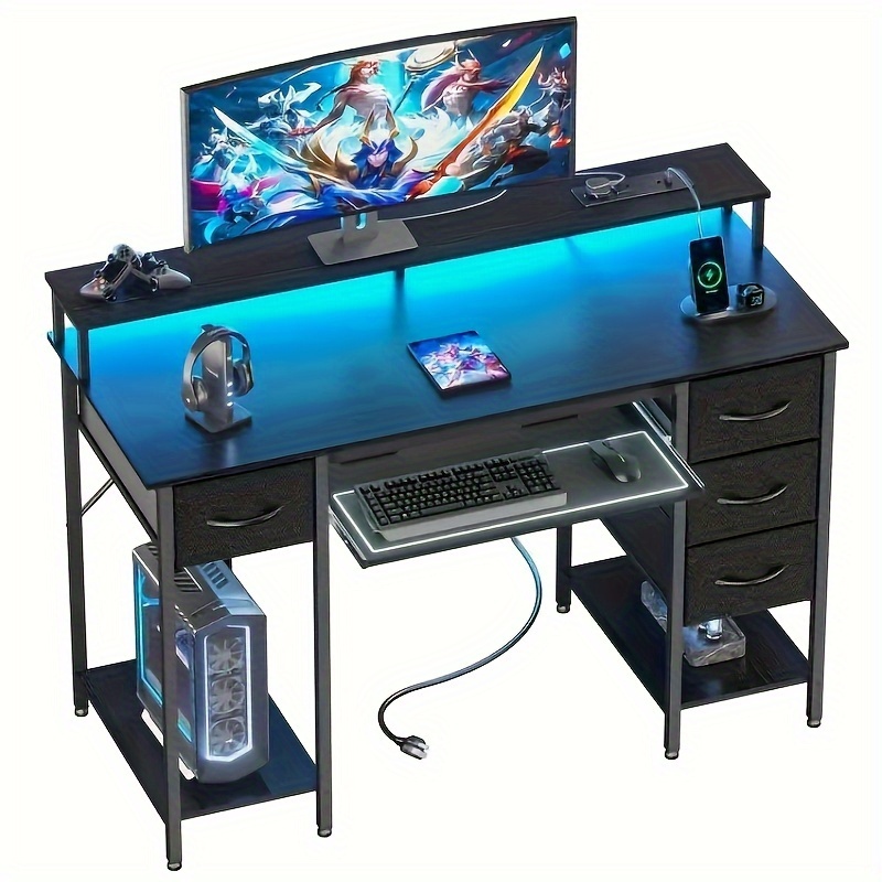 computer desk drawers power outlets gaming desk led Temu Canada
