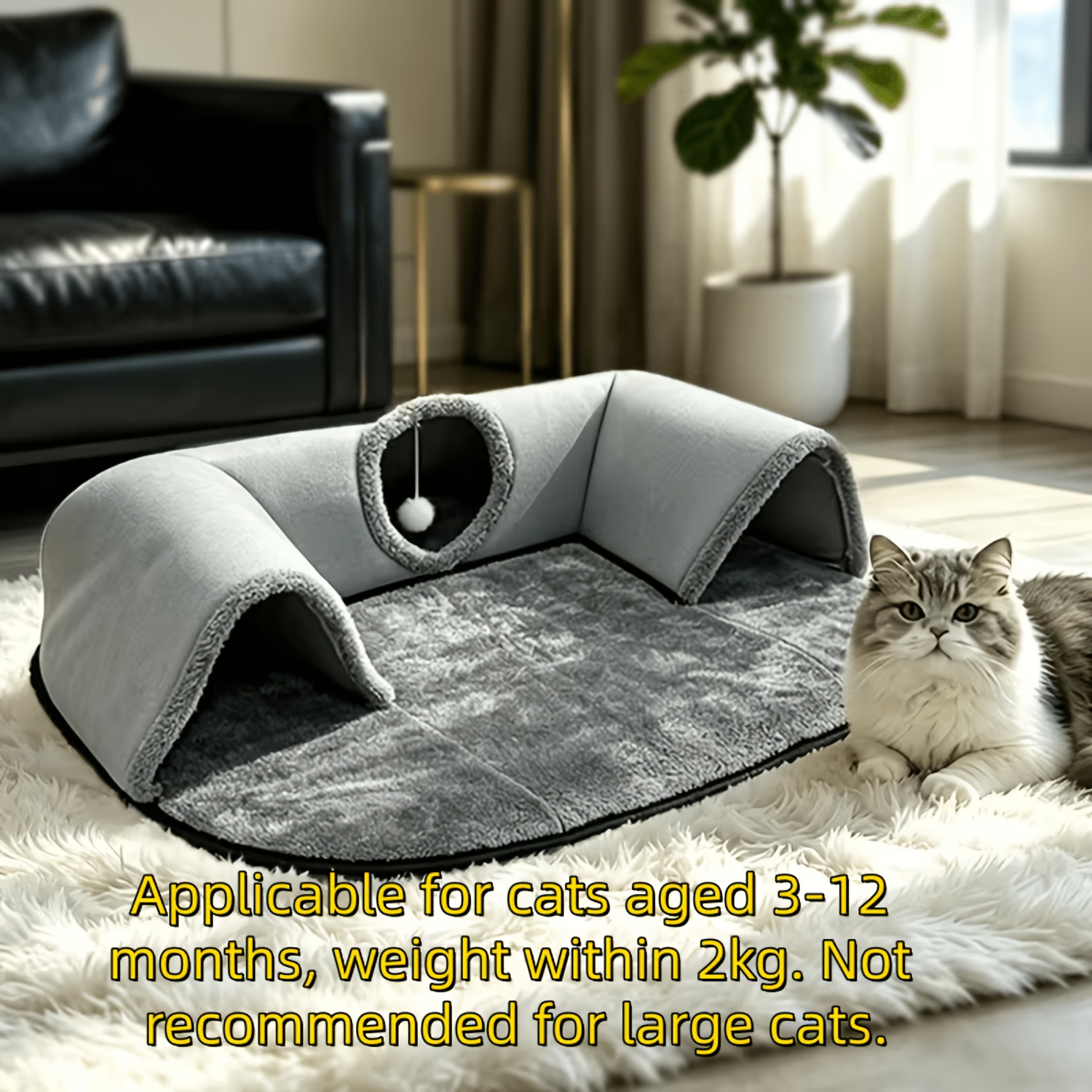 TEMU 2in 1 Cat Tunnel Bed With Arch Peekaboo Cave Play Toy With Hanging Ball Soft Plush Kitten Nest For Indoor Cats