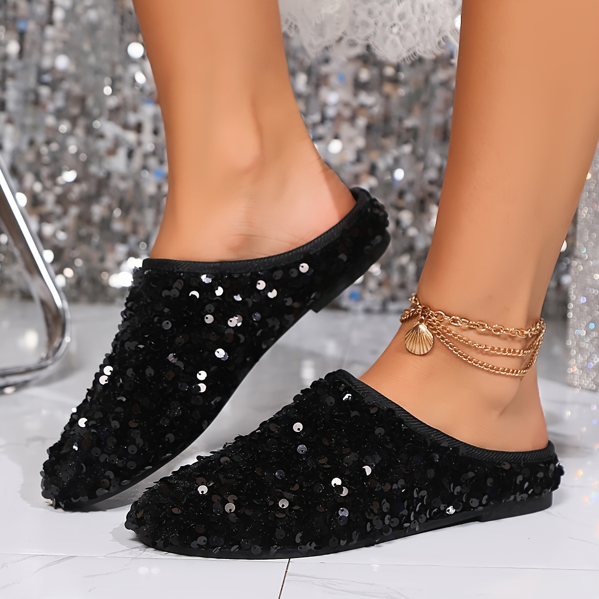 

Women's Sparkling Sequin Mules - Breathable, Flat Sole Slip-on Shoes For All Seasons