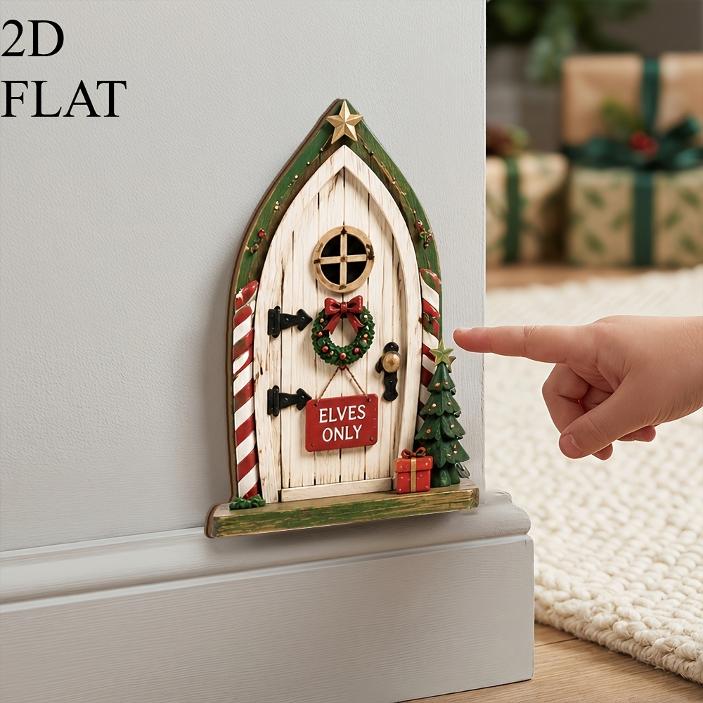 TEMU 1 Set Christmas Gnome Door Scarf Decoration, Easy To Stick No Drilling Country Retro Wooden Fairy Door, Hd Printed Christmas Flowers, Christmas