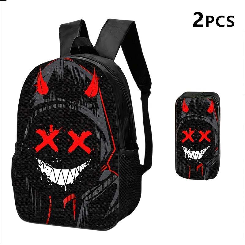 TEMU 1pc/2pcs/3pcs Backpack, Shoulder Bag, Pouch | Edgy Devil Motif 2d Print In Red And , Ideal For In , Travel, Daily Use | Material: Oxford, Brand: