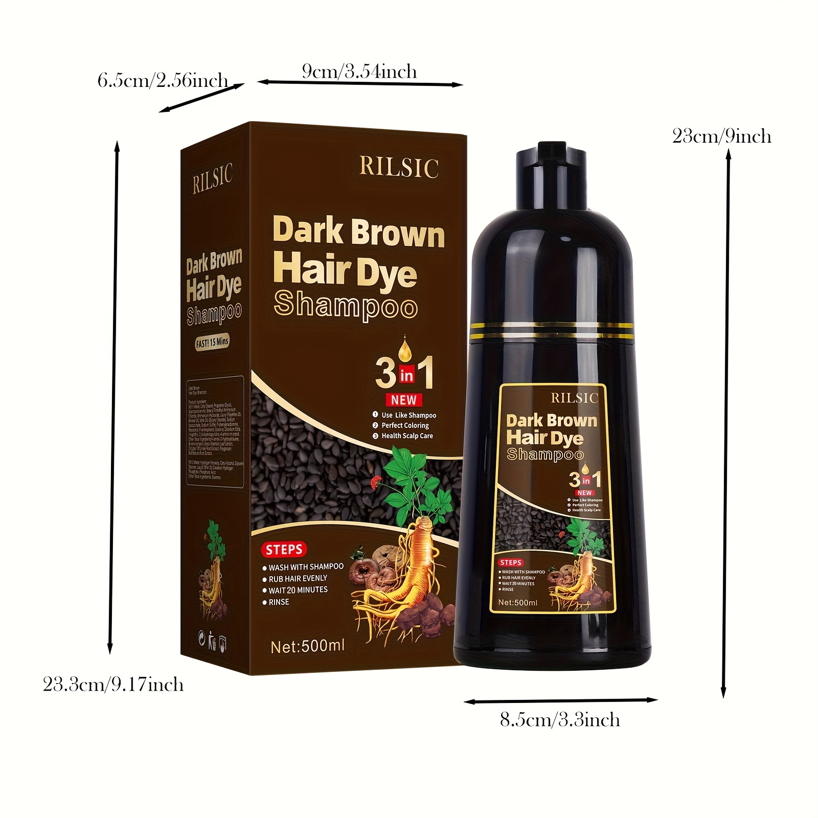RILSIC 3pcs Hair Dye Shampoo, Quick Acting Hair Dye, Highly Coverage Of White Hair, Containing Ginseng Essence Extract, Moisturizing Hair Care - Both Male And Female Adults Can Use, Suitable for All Kinds Of Hair