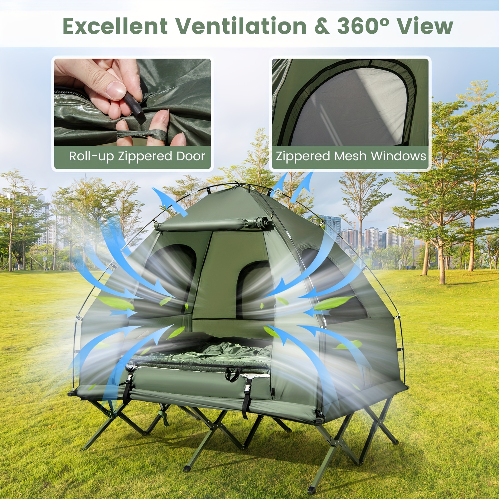2-Person Camping Tent Cot, 5-in-1 Folding Camping Bed With Air Mattress, Pillow, Sleeping Bag, Waterproof Elevated Tent Shelter, Portable Outdoor Sleeping Cot With Carry Bag For Picnic, Trip