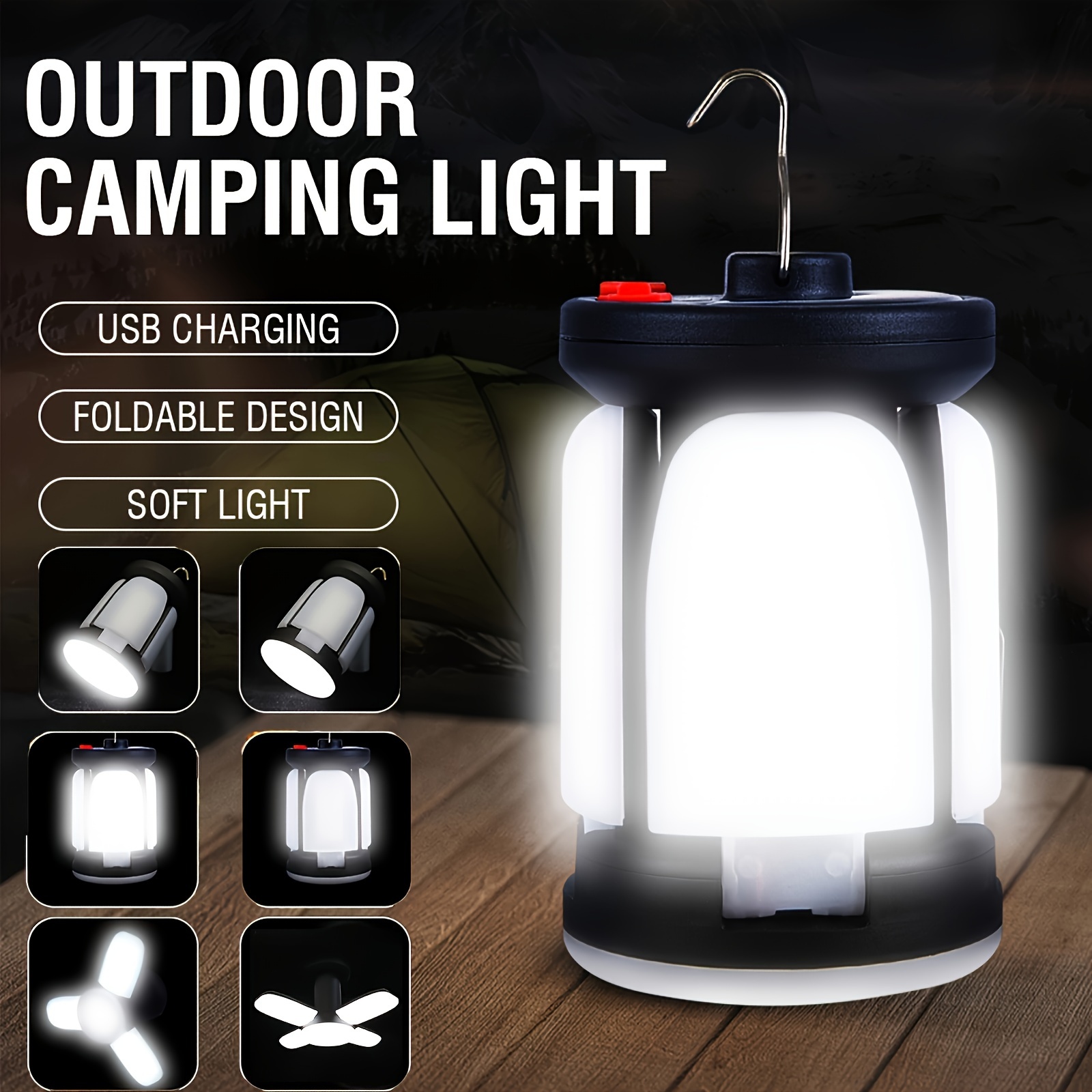 

Solar+usb/usb Led Camping Lantern, Rechargeable 4500mah 1000lm Emergency Power Bank, Foldable 6 Light For Camping Fishing