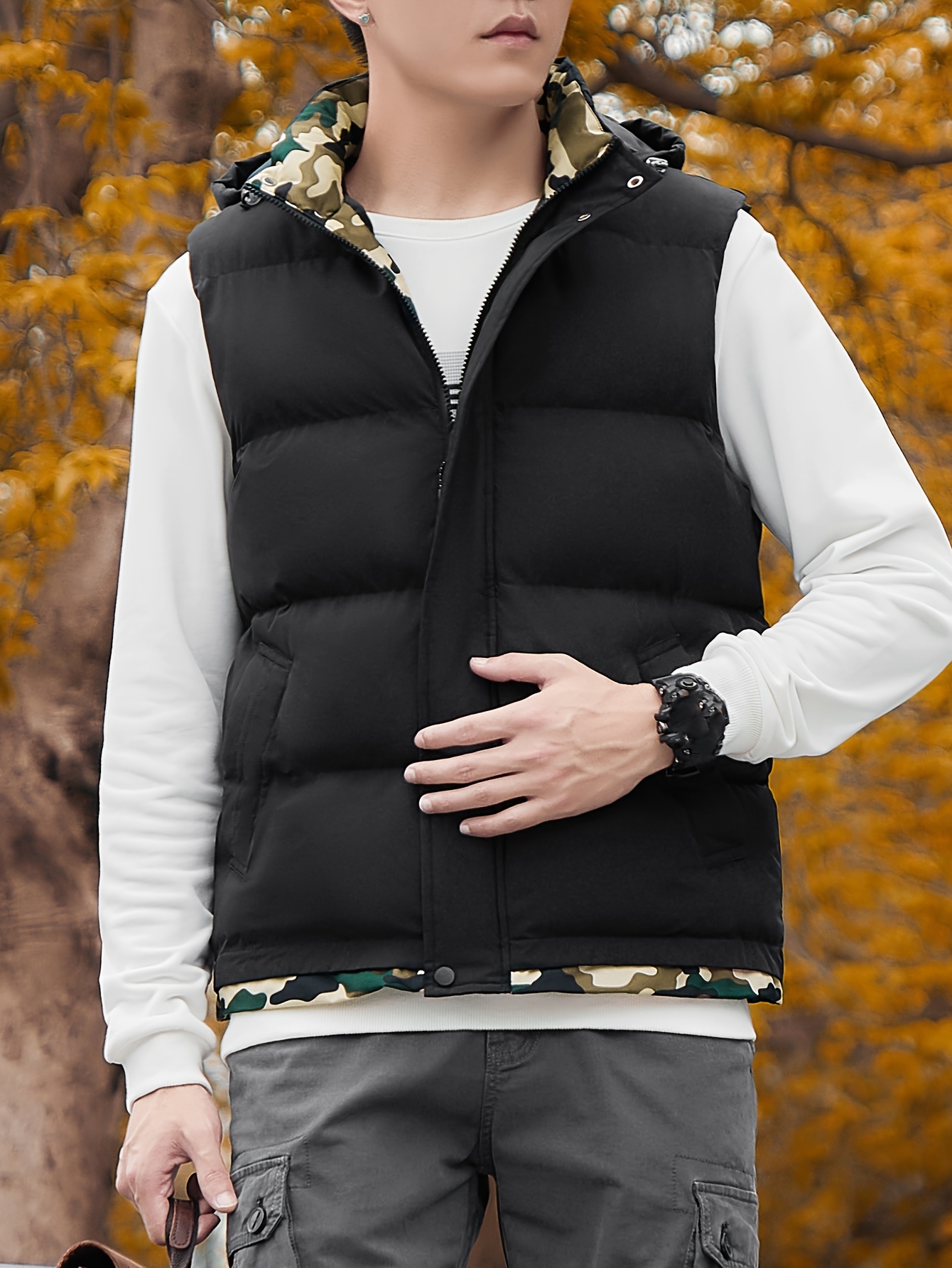 mens casual polyester padded vest detachable hood 100 Temu Saudi