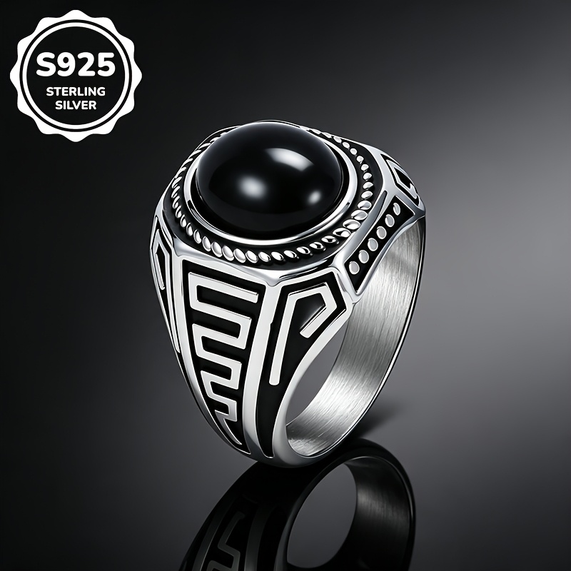 Image of 1pc S925 925 Silvery Plated Fashionable Retro Business Black Synthetic Cubic Zirconiaia Ring, Unisex, High-quality Jewelry, Sizes 7-13, Suitable For Daily Casual And Business Party Wear