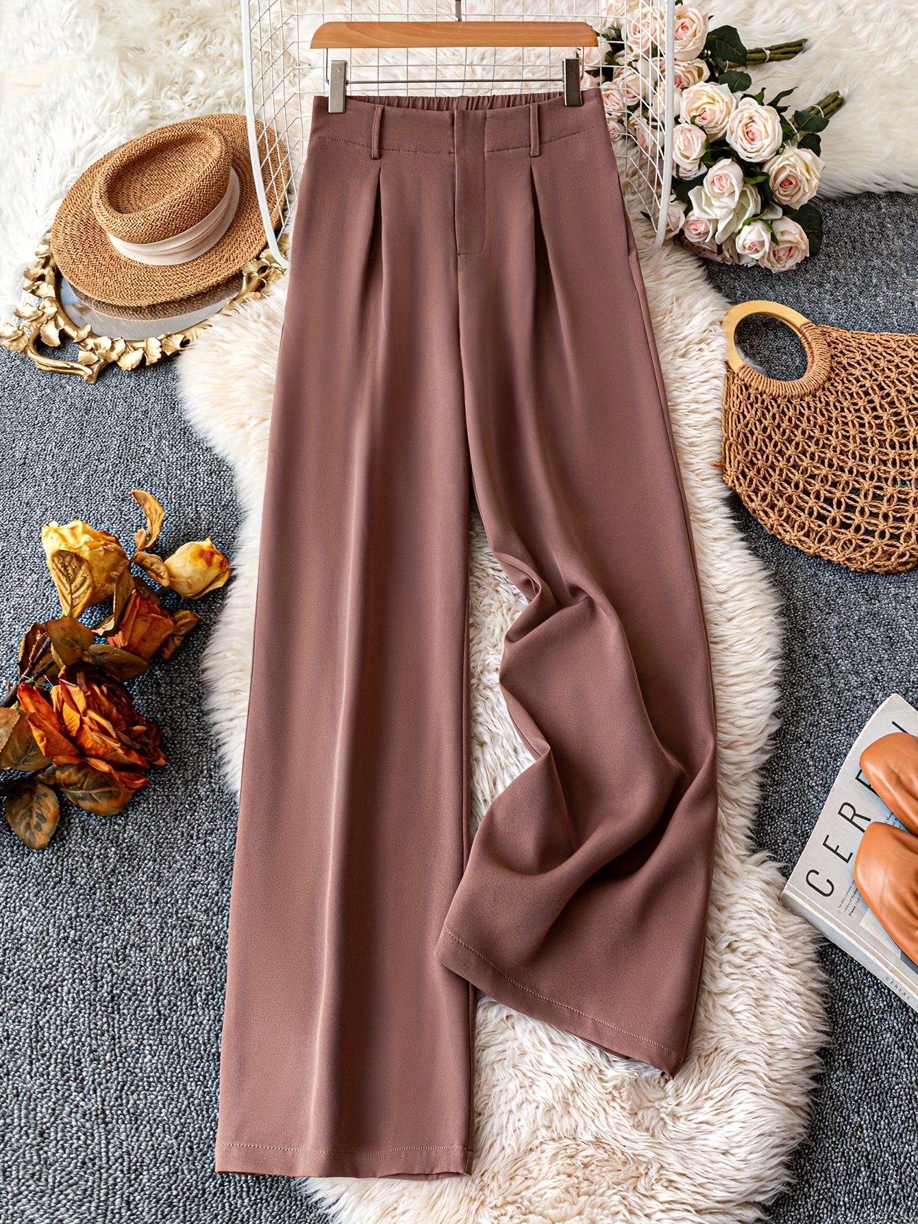 Women's Elegant Loose-Fit Wide-Leg Trousers with Elastic Waistband Solid  Brown Casual to Formal Pants, Machine Washable Versatile Tailored *able 