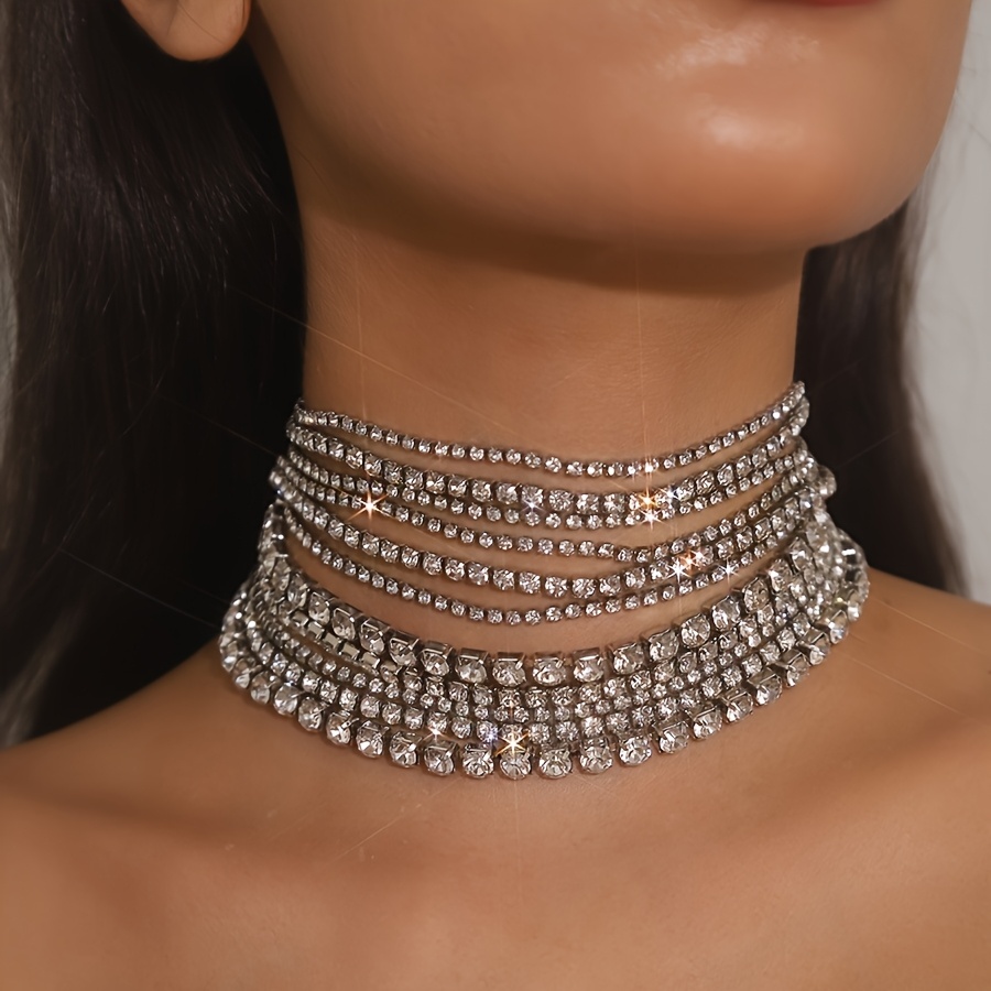 Layer Rhinestone Choker Necklace with Copper Base