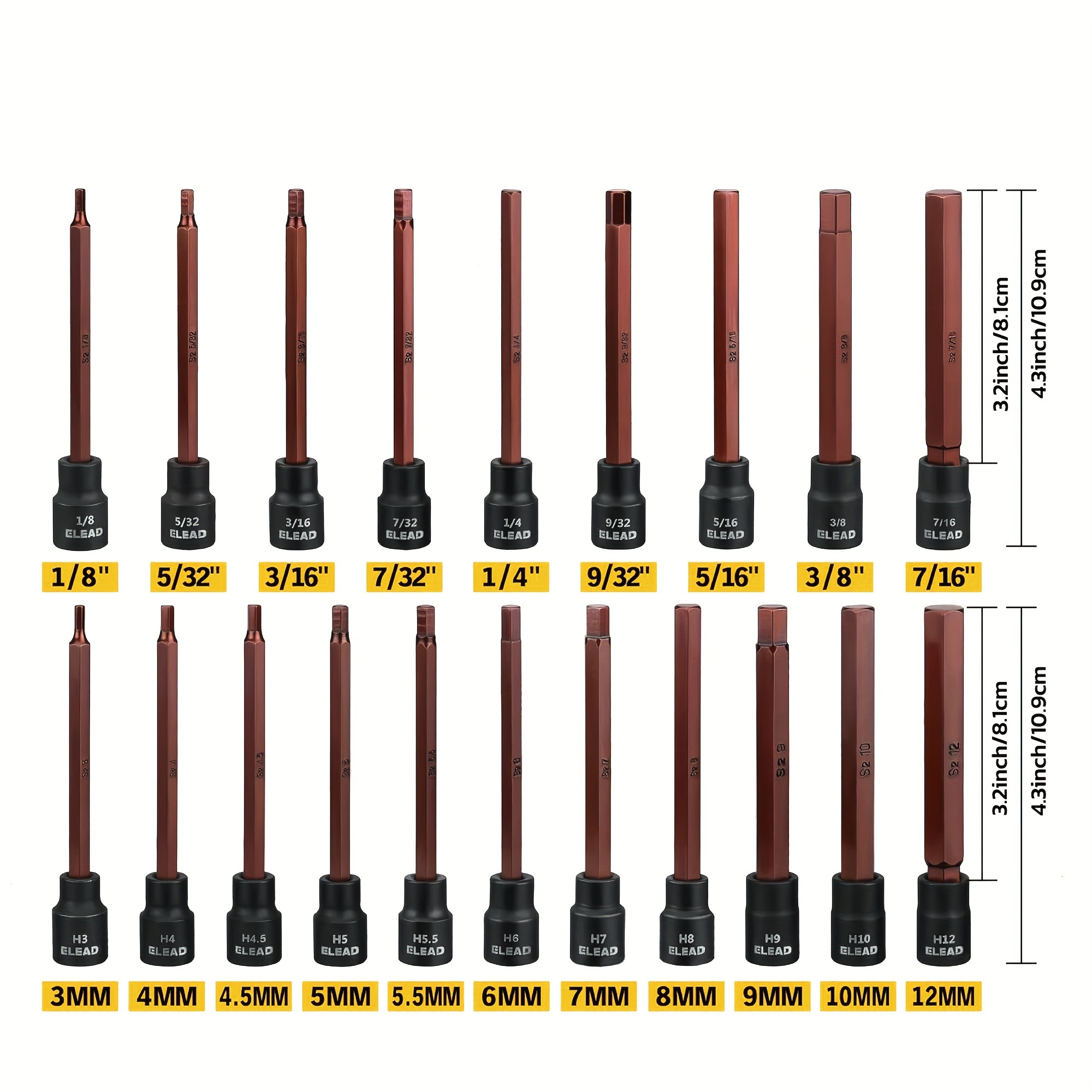 ELEAD 20pcs Extra-Long Allen Hex Bit Socket Set - 3/8
