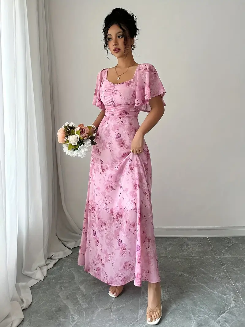 stylish korean chiffon dress Women Pink Floral Chiffon Chic Ruffled Midi Dress Summer Fashion Short Sleeve Bow Collar Dress 2026 Korean Elegant Beach Dresses