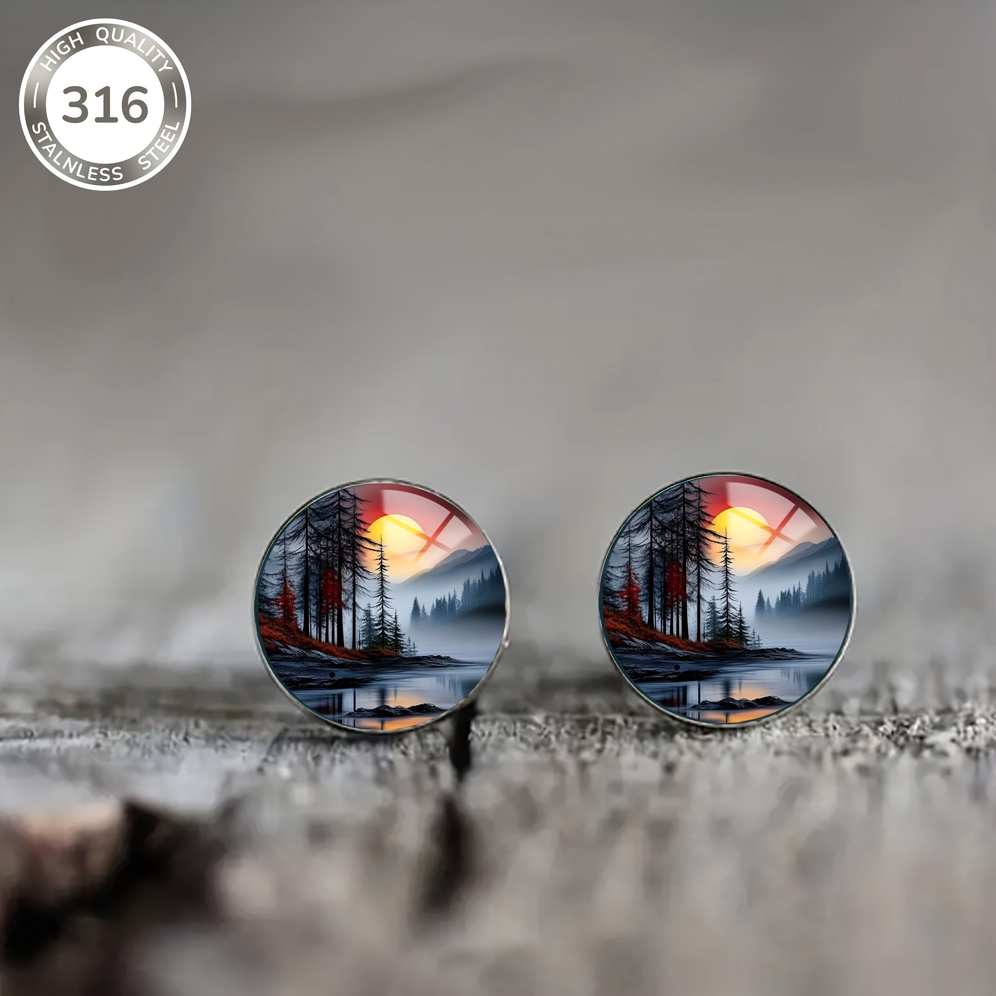 1pair Stainless Steel 316 Stud Earrings With Sunrise Pattern In The Mountains, Natural Resort Style Men's And Women' Party Wear Earrings, Holiday Gifts