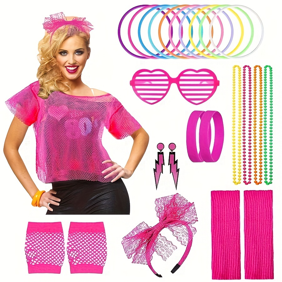 

13pcs Retro 80s Party Costume Set For Women & Girls - Includes T-shirt, Leg Warmers, Gloves, Glasses, Earrings, Bracelet, Necklace, Headband - -up Days