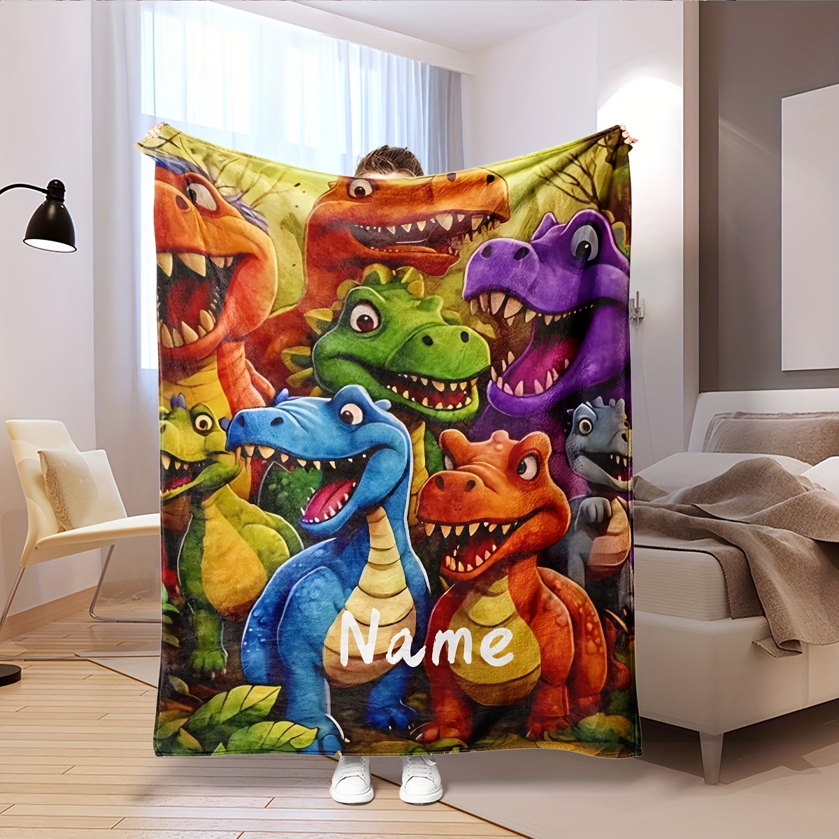 

Customized Cartoon Dinosaur Pattern - Personalize , Soft, Warm, Lightweight, Portable, , Easy To Clean, For Bed, Bedroom, Dormitory, Car, Outdoor, Pet, Sofa, Travel, Office, Camping