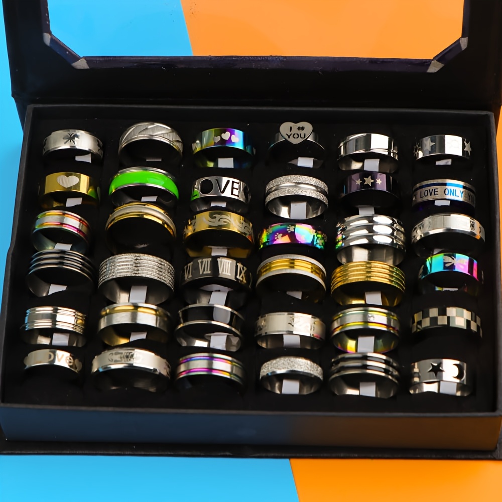 20pcs Printed Striped Stainless Steel Rings Mixed Style