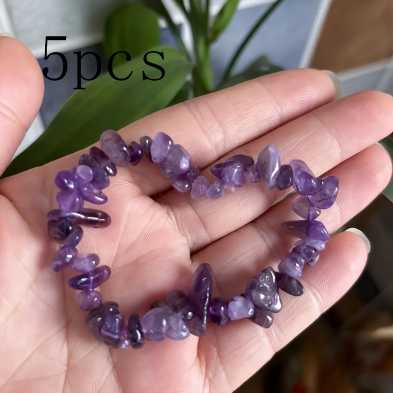 TEMU 5pcs Natural Amethyst Bracelet With Stone Beads - Bohemian Natural Stone Jewelry, Natural Gemstones For Women, Diy Beading Accessories,
