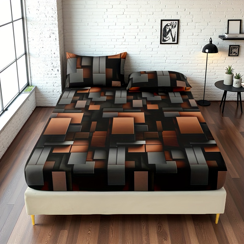 TEMU 3pcs Geometric Pattern Bedding, Mattress Protector, Fashionable Comfortable Breathable Bedroom And Decor, Includes 1pc Fitted Sheet And 2pcs Pillowcases, No Insert