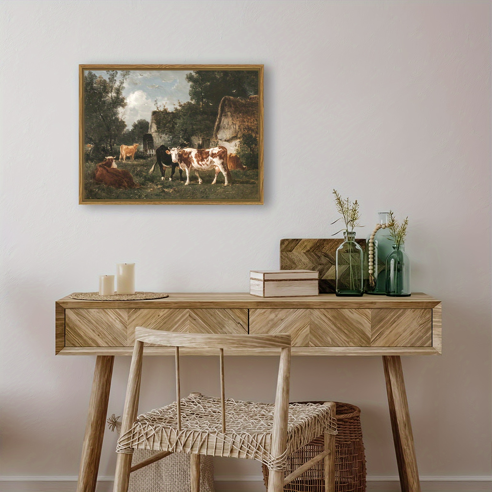 1pc Framed Vintage Canvas Poster, Rustic Farmhouse Cow Painting, Canvas 