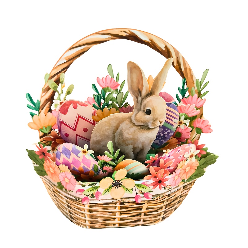 1pc Easter -up Card With Envelope – Spring Greeting Featuring A Rabbit In Basket With Colorful Eggs & Flowers, Easter, Birthdays, Day & More