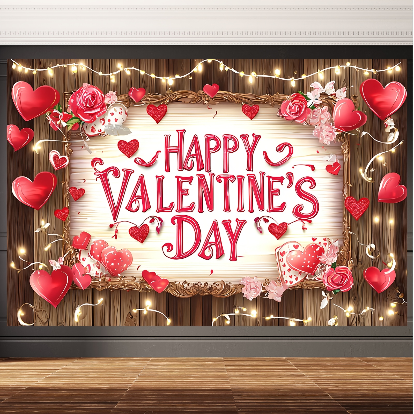 

1pc Happy Valentine's Day Photography Backdrop Valentine's Day Photo Background Valentine's Day Party Decoration Studio Props Heart Wooden Wall Valentine's Day Wedding Party Decoration