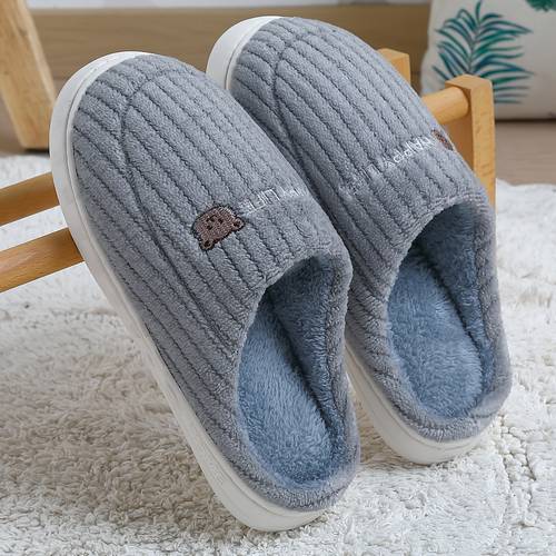 item picture fzt couple style bagged plush slippers corduroy upper bear embroidery thick sole non slip home warm winter