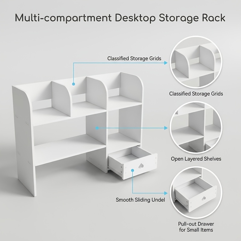 TEMU Étagère de Rangement de Bureau à Compartiments Multiples avec Tiroir Coulissant Lisse et Étagères Ouvertes pour Fournitures de Bureau, Stylos et