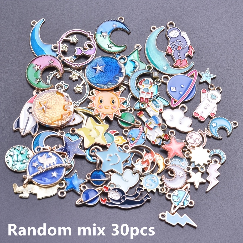 Image of Space Series Random Mix Drip Oil Pendant 30/50/100pcs Enamel Astronaut Rocket Pendants Blue Personalty Charms For Jewelry Making Supplies Handmade Hair Accessories Souvenirs
