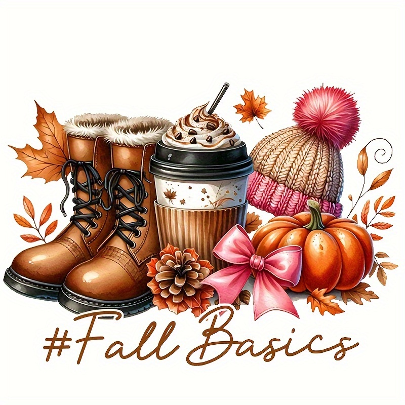 

2-pack Autumn-themed Dtf Heat Transfer Vinyl Decals - Fall Essentials Iron-on Transfers For Apparel, T-shirts, Bags - Pumpkin, Boots & Coffee Design - Multicolor, Washable Diy Fashion Transfers