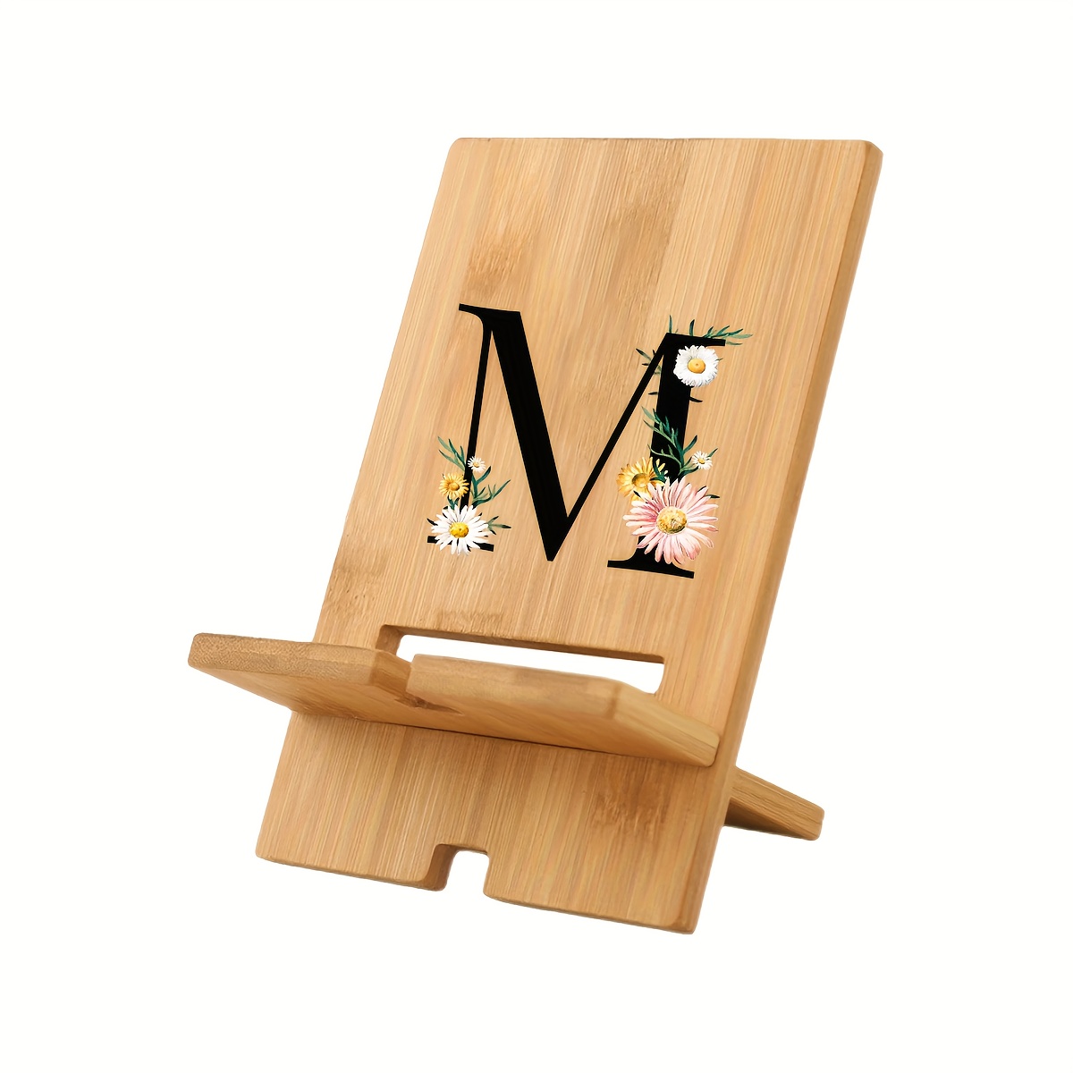 1pc Bamboo Phone Stand With Initials Daisy Flower A-z | Adjustable Multi-angle, Bamboo Base, Multi-functional For Phone And Tablet, Ideal For Home And Office, Perfect For Travel